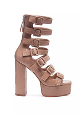 Caged High Heel Buckled Sandal in Nude