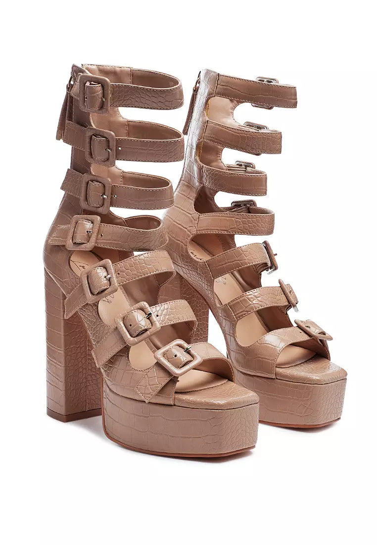 Caged High Heel Buckled Sandal in Nude