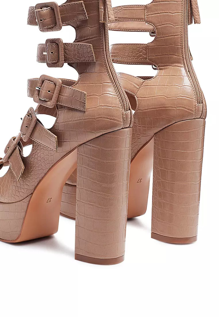 Caged High Heel Buckled Sandal in Nude