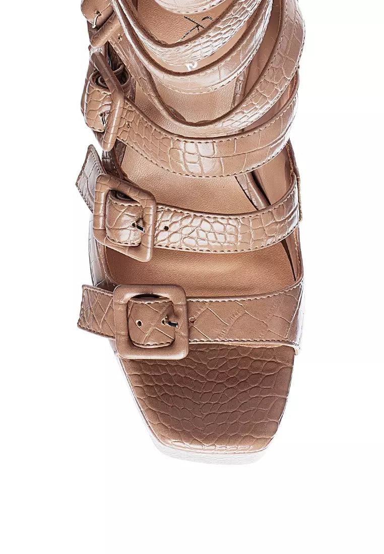 Caged High Heel Buckled Sandal in Nude