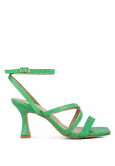 Green Open Square Toe Spool Heel Sandals