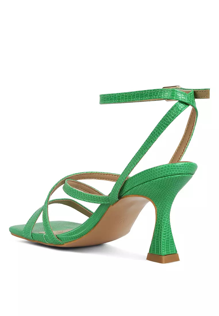 Green Open Square Toe Spool Heel Sandals