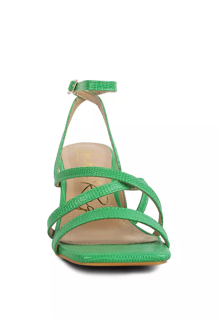 Green Open Square Toe Spool Heel Sandals