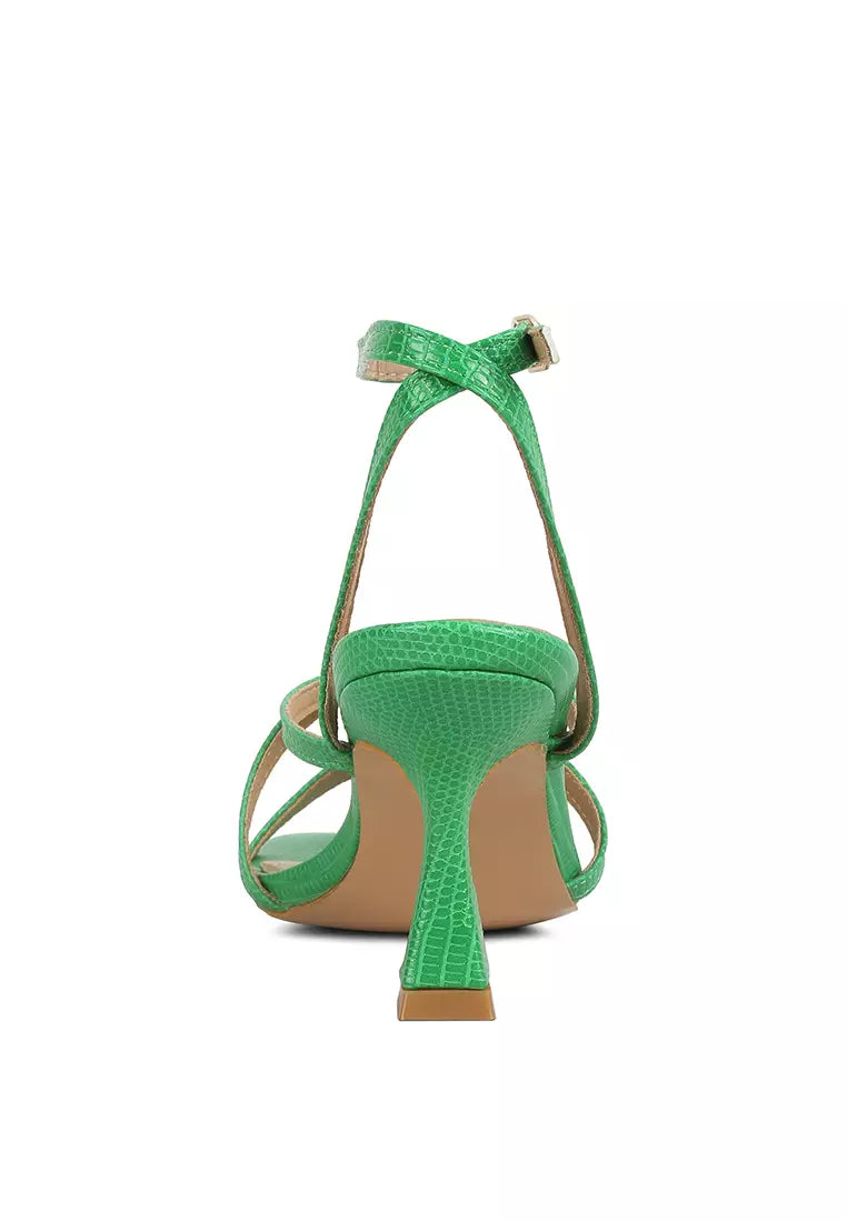 Green Open Square Toe Spool Heel Sandals