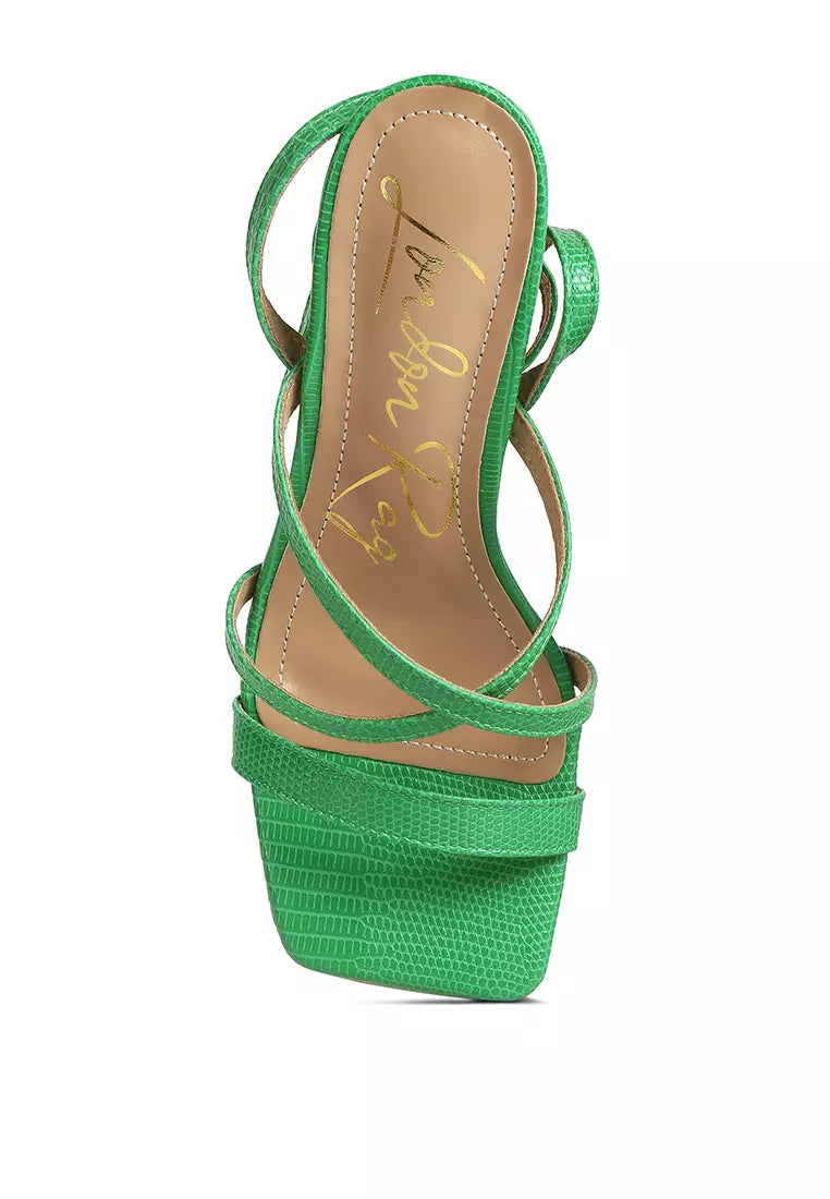 Green Open Square Toe Spool Heel Sandals