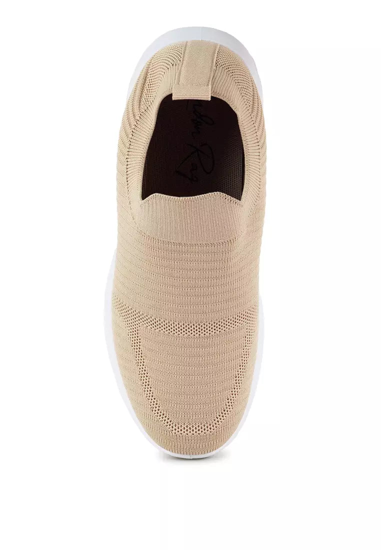 Beige Knitted Slip On Sneakers