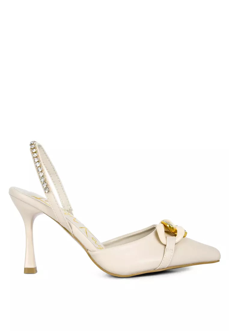 Beige Diamante Metal Chain Sandals