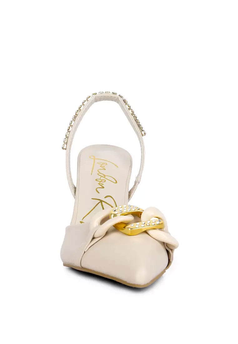 Beige Diamante Metal Chain Sandals