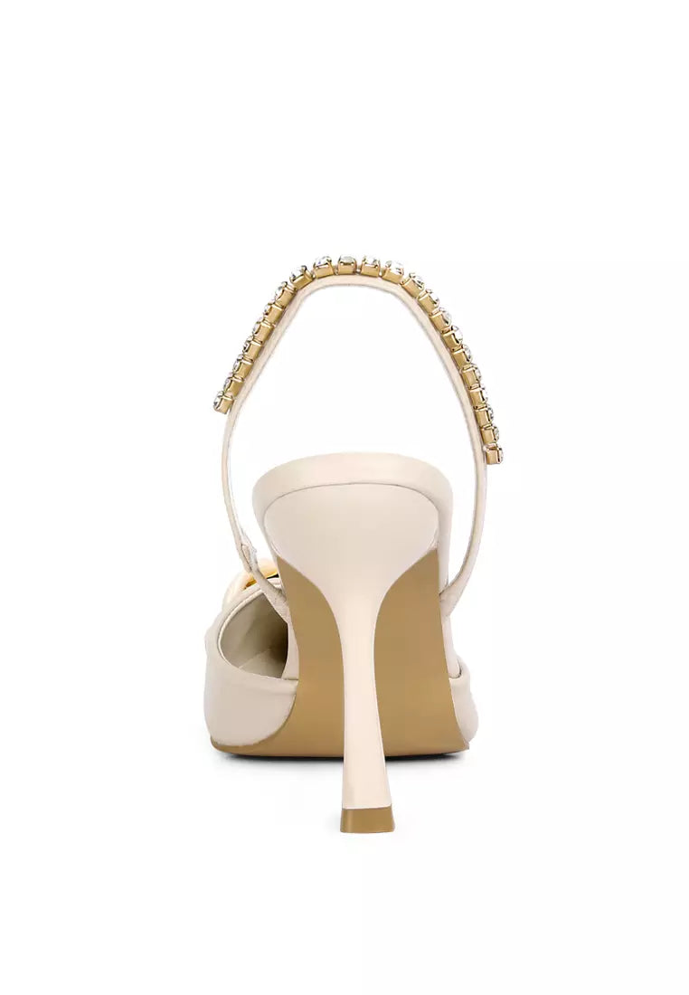 Beige Diamante Metal Chain Sandals