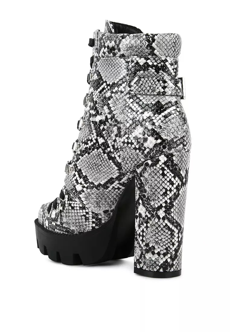 Black Snake Skin Cushion Collared Ankle Boots