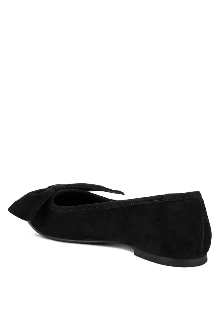 Black Big Bow Suede Ballerina Flats