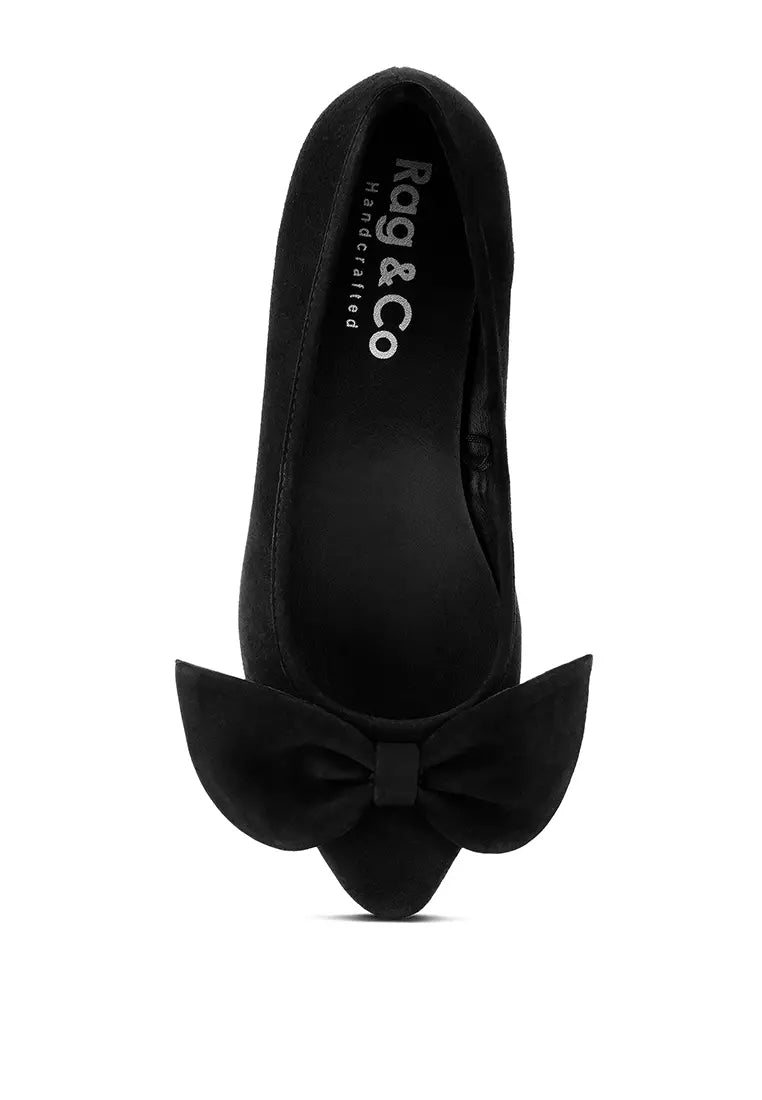 Black Big Bow Suede Ballerina Flats