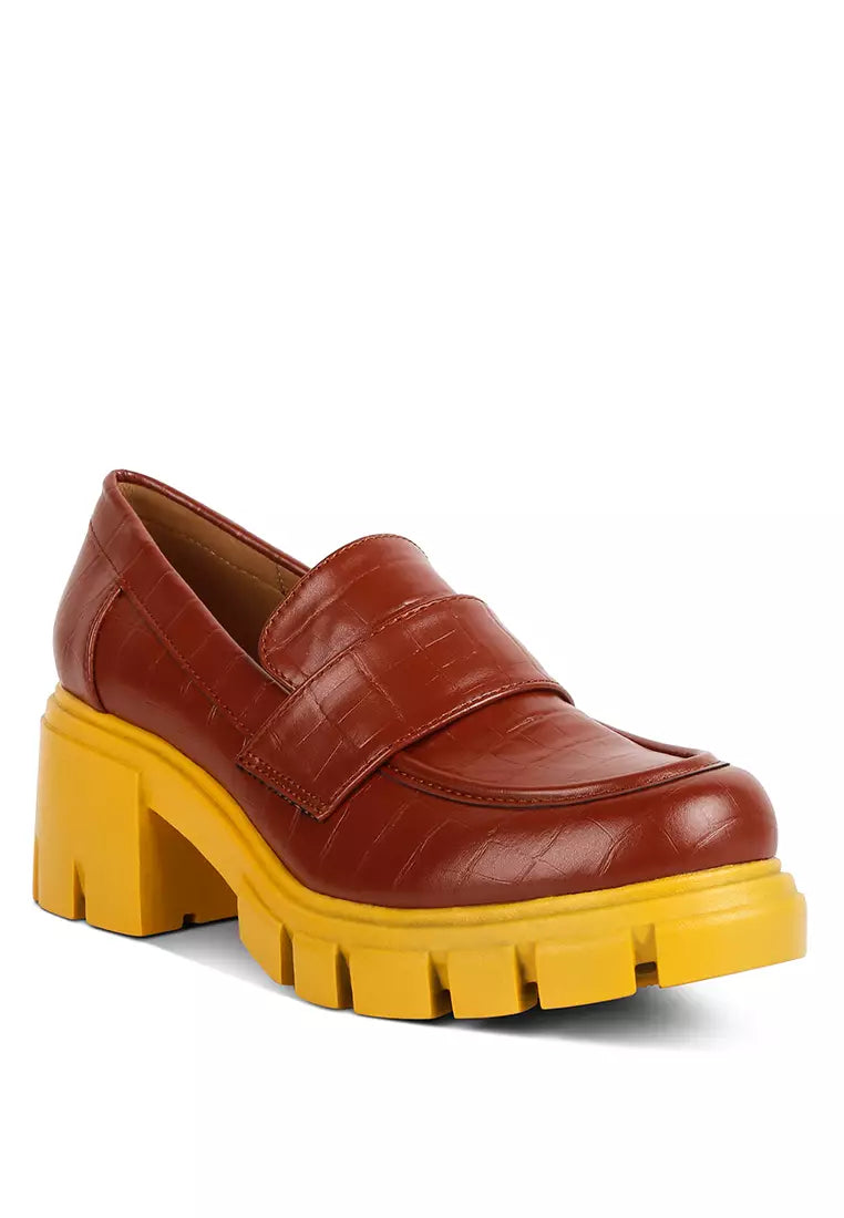 Tan Chunky Block Heel Loafers