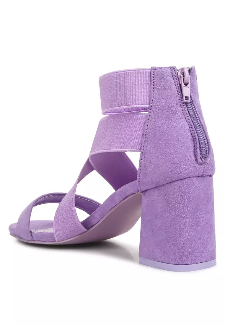 Elastic Strappy Block Heel Sandals in Lilac