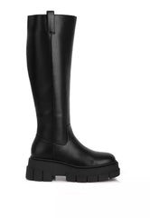 Black Faux Leather Chunky Platform Knee Length Boots