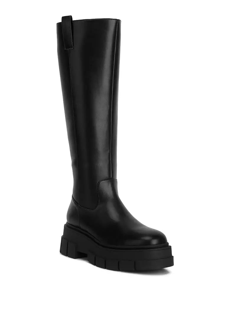 Black Faux Leather Chunky Platform Knee Length Boots