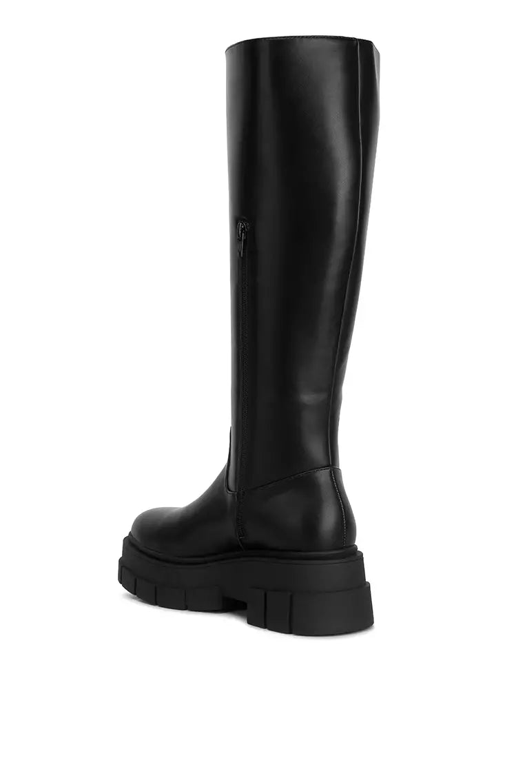 Black Faux Leather Chunky Platform Knee Length Boots