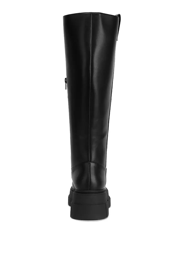 Black Faux Leather Chunky Platform Knee Length Boots