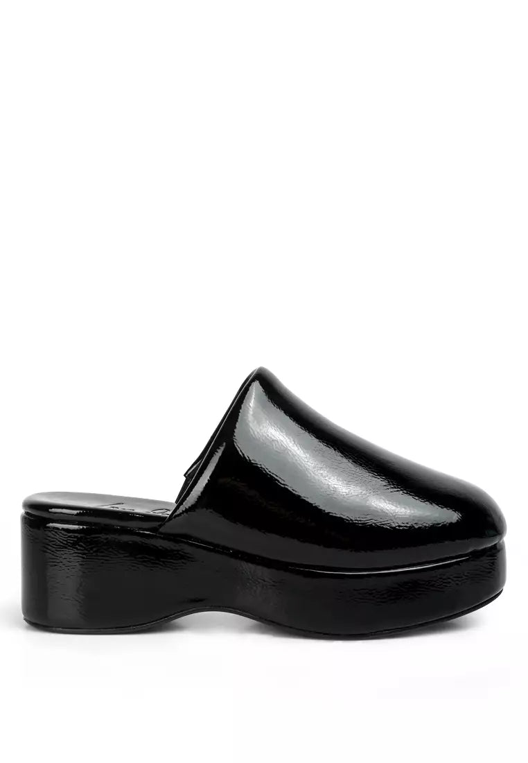 Black Solid Platform Slip On Mules