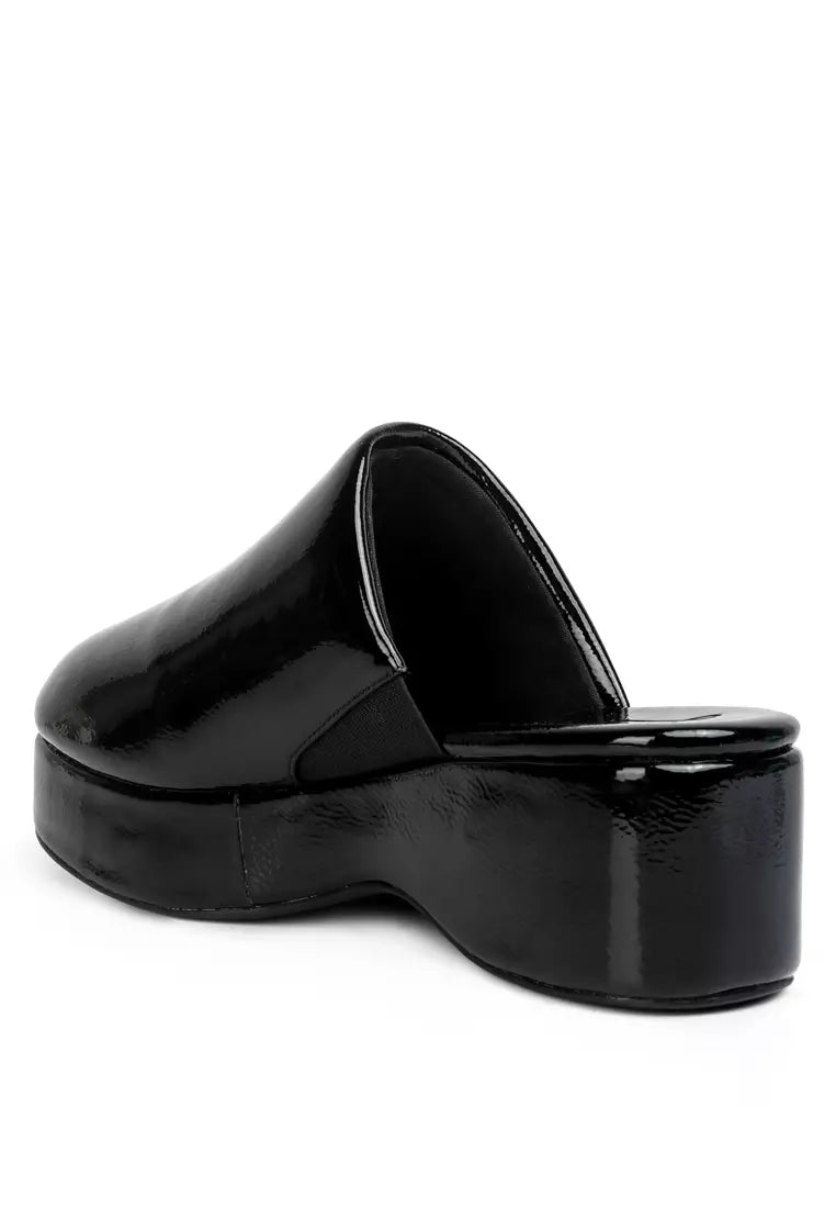 Black Solid Platform Slip On Mules