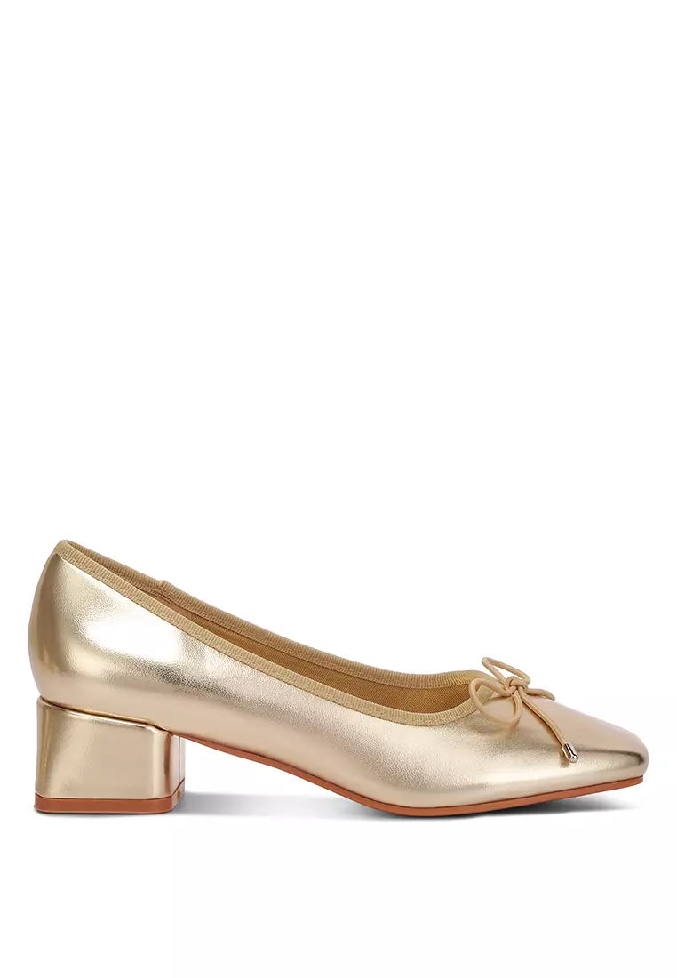 Metallic Low Block Heel Ballerinas In Gold