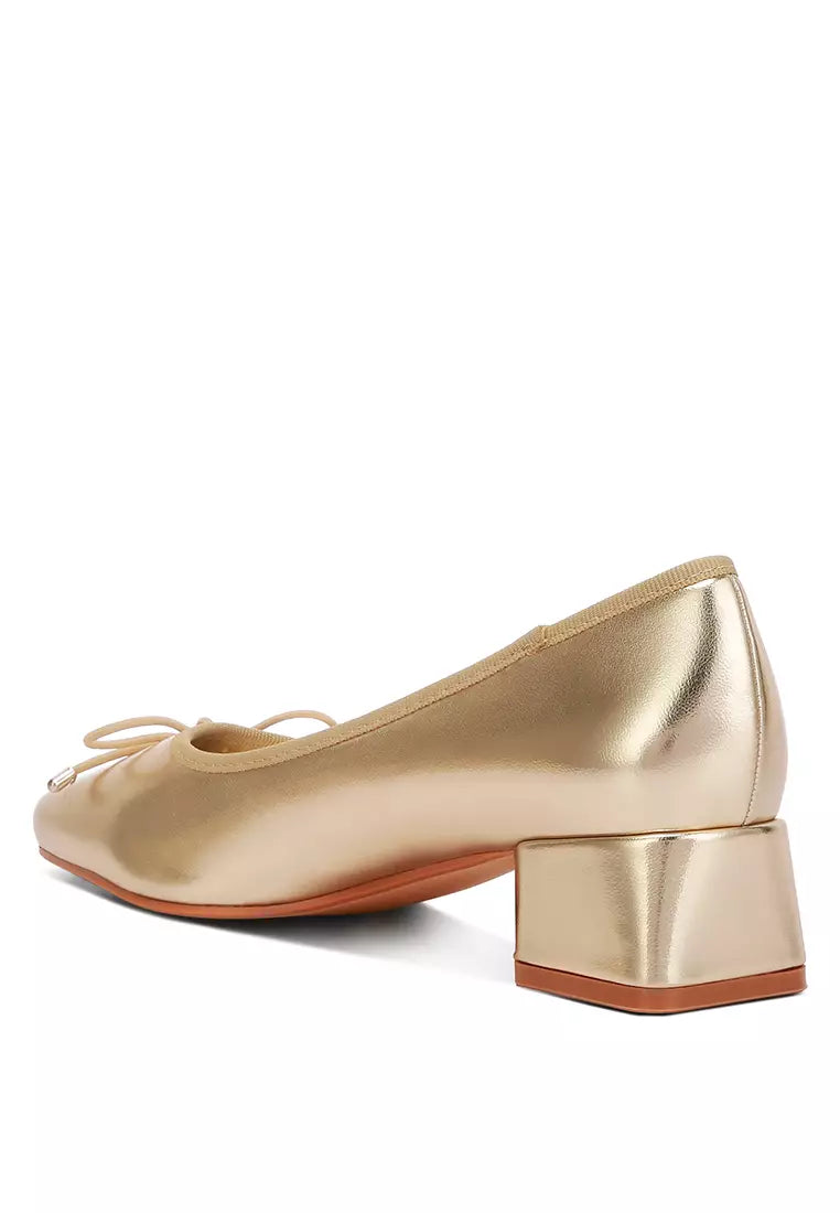 Metallic Low Block Heel Ballerinas In Gold