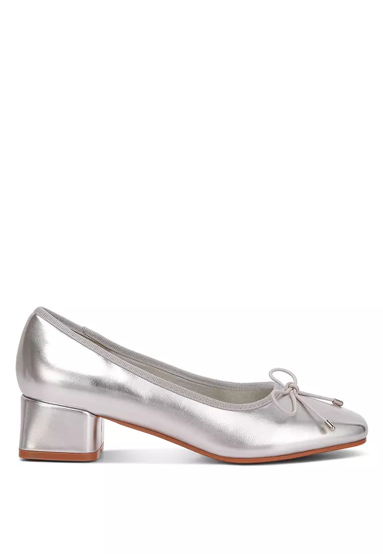 Metallic Low Block Heel Ballerinas In Silver