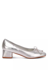 Metallic Low Block Heel Ballerinas In Silver