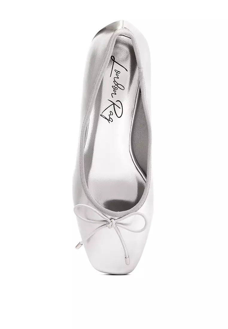 Metallic Low Block Heel Ballerinas In Silver