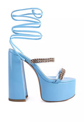 Blue Metal Chain Lace Up Chunky Sandals