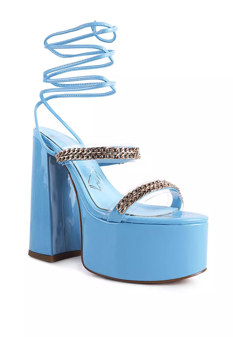 Blue Metal Chain Lace Up Chunky Sandals