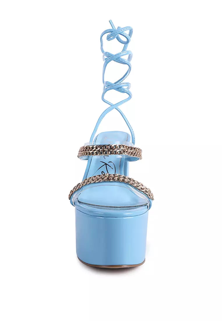 Blue Metal Chain Lace Up Chunky Sandals