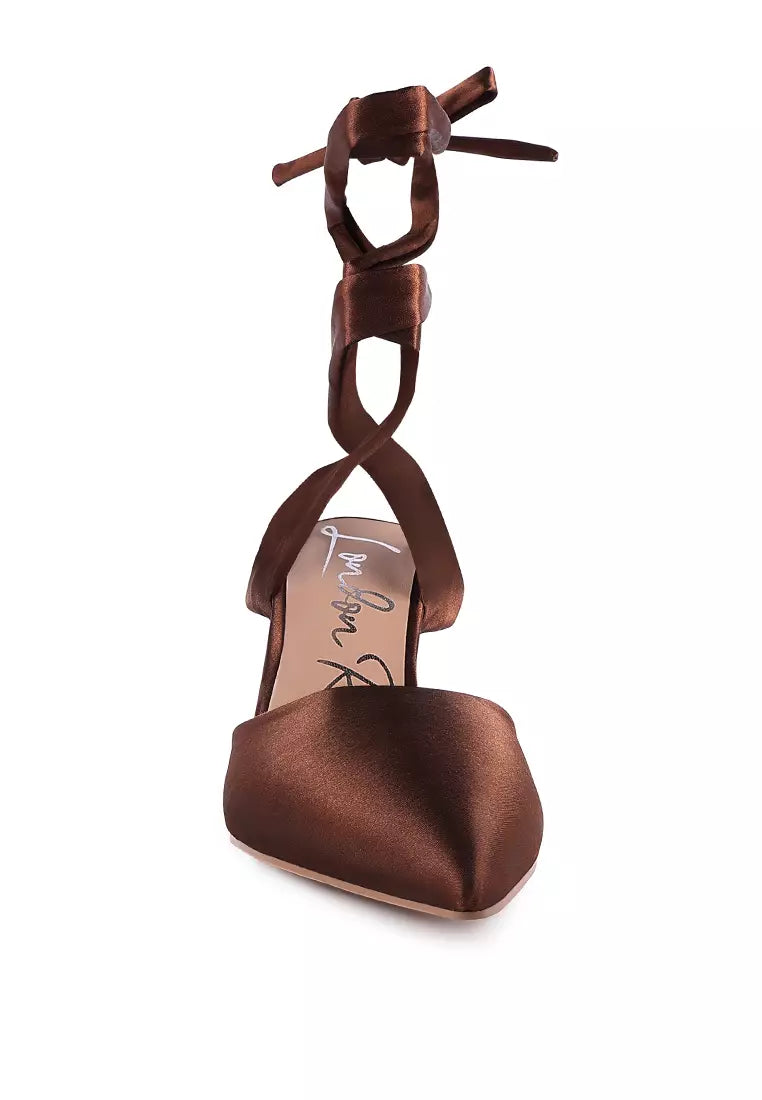 Mocca Kitten Heel Tie Up Satin Sandals