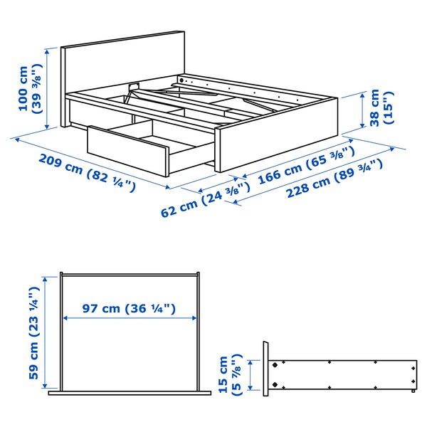 MALM Bed frame, high, w 2 storage boxes, 150x200 cm