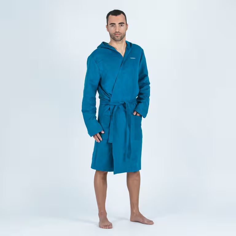 Men’s compact microfibre pool bathrobe with hood dark blue