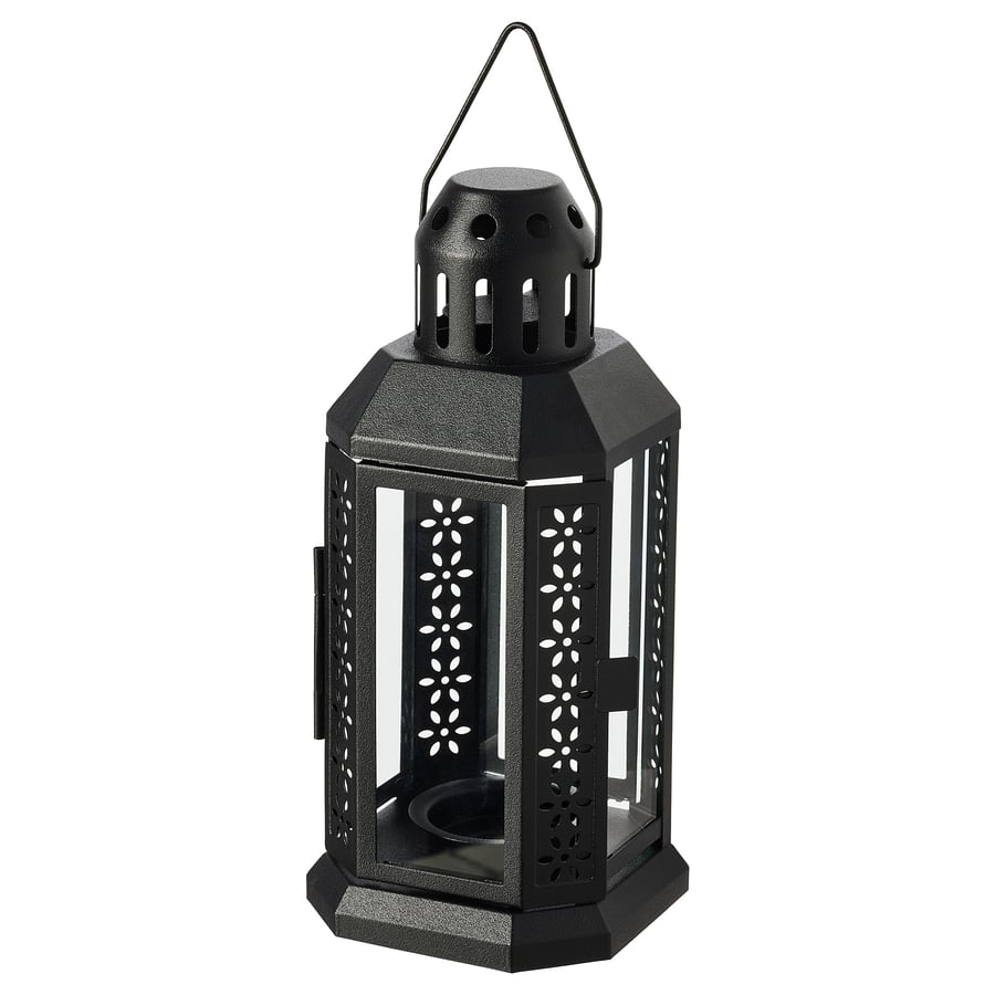 ENRUM Lantern for tealight, in/outdoor, black, 22 cm