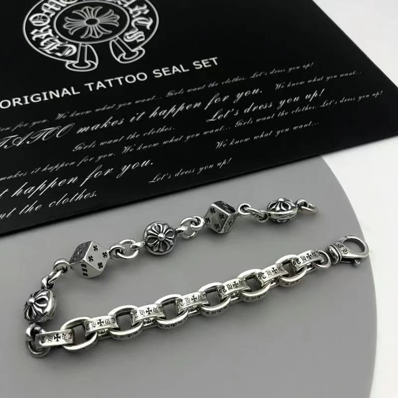 Cross Bracelet Vintage Silver Letter Cross Chain Bracelet for Men and Women Hip Hop Couples Bracelets Thai Silver Cross Dice Chain Bracelet -By Sea Courier Method