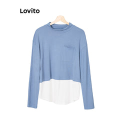 Lovito Modest Plain Rib Knit Fabric Stitching T-shirt for Women L87ED935 - By SEA Courier Method 🚢