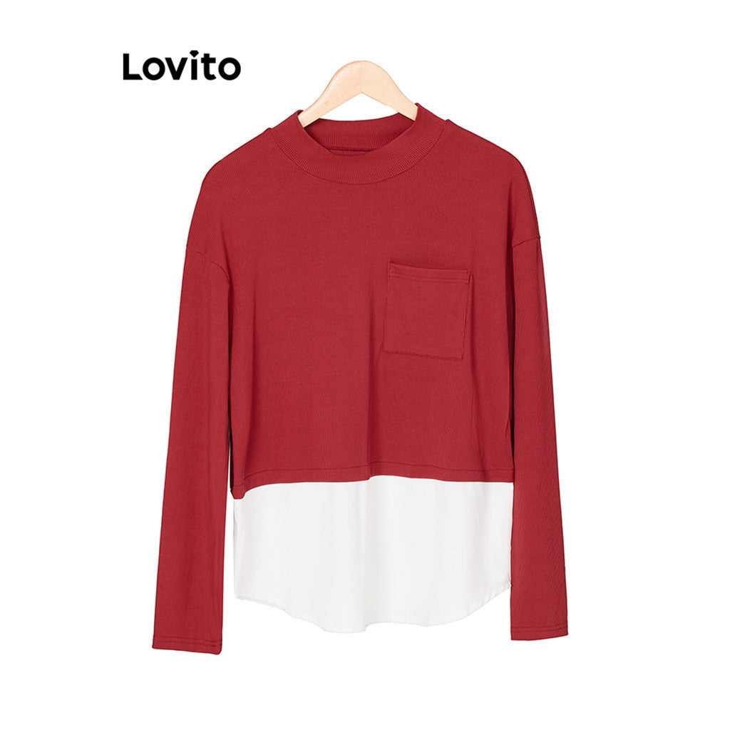 Lovito Modest Plain Rib Knit Fabric Stitching T-shirt for Women L87ED935 - By SEA Courier Method 🚢