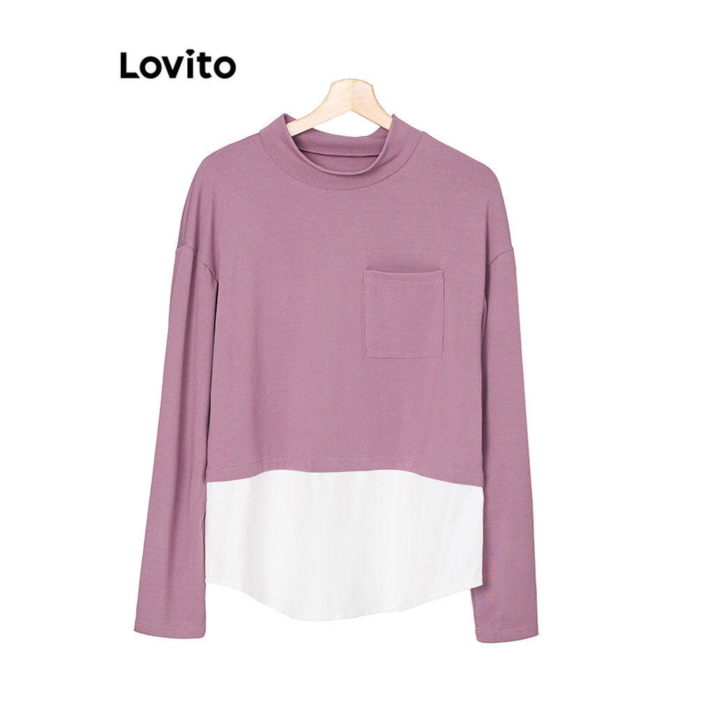 Lovito Modest Plain Rib Knit Fabric Stitching T-shirt for Women L87ED935 - By SEA Courier Method 🚢