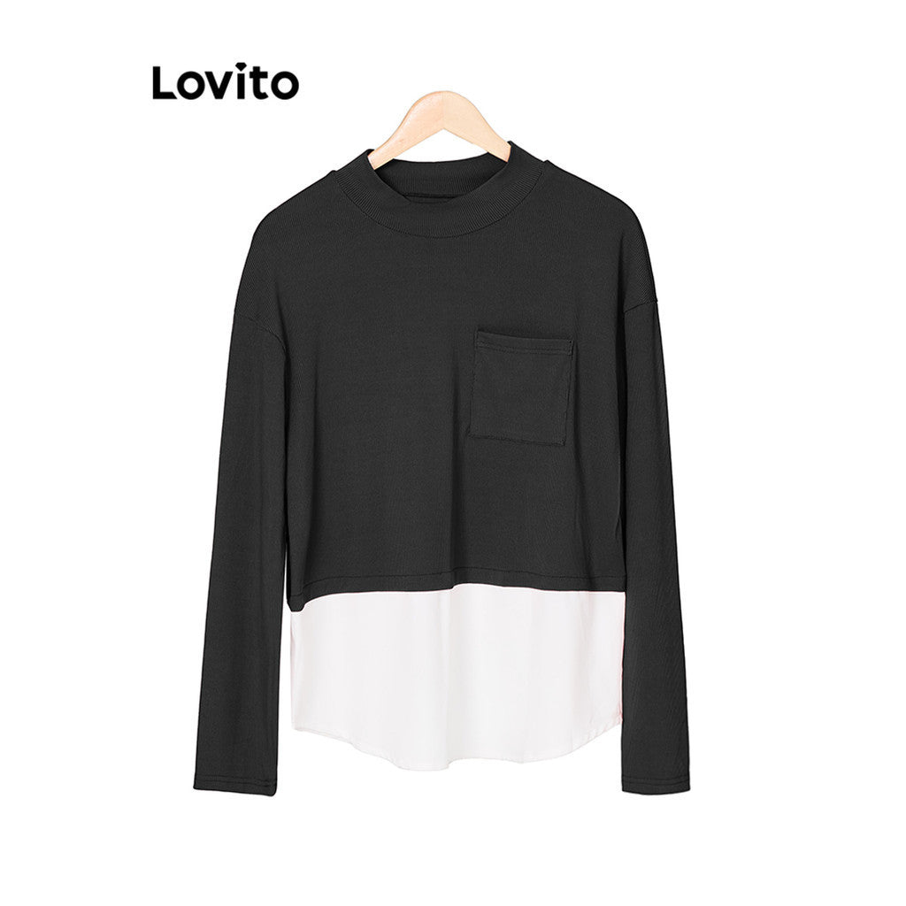 Lovito Modest Plain Rib Knit Fabric Stitching T-shirt for Women L87ED935 - By SEA Courier Method 🚢