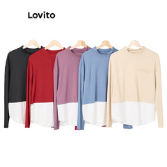 Lovito Modest Plain Rib Knit Fabric Stitching T-shirt for Women L87ED935 - By SEA Courier Method 🚢