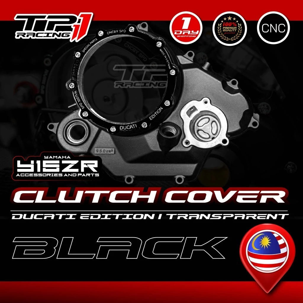 Y16 Y15 Clutch Cover I Casing Ducati Edition CNC I Transparent Glass + Oil Filter Cap Alloy For YAMAHA Y16ZR I Y15ZR -By Sea Courier Method 🚢🎁