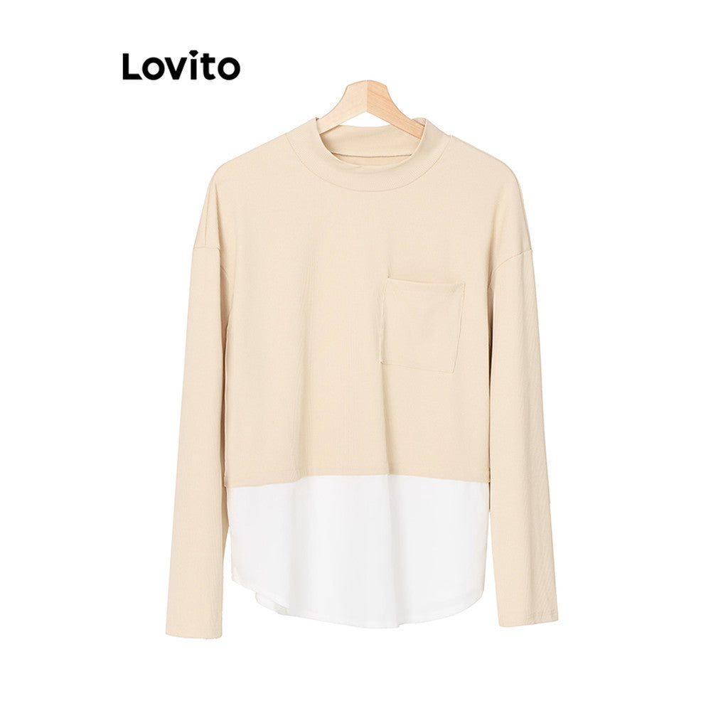 Lovito Modest Plain Rib Knit Fabric Stitching T-shirt for Women L87ED935 - By SEA Courier Method 🚢