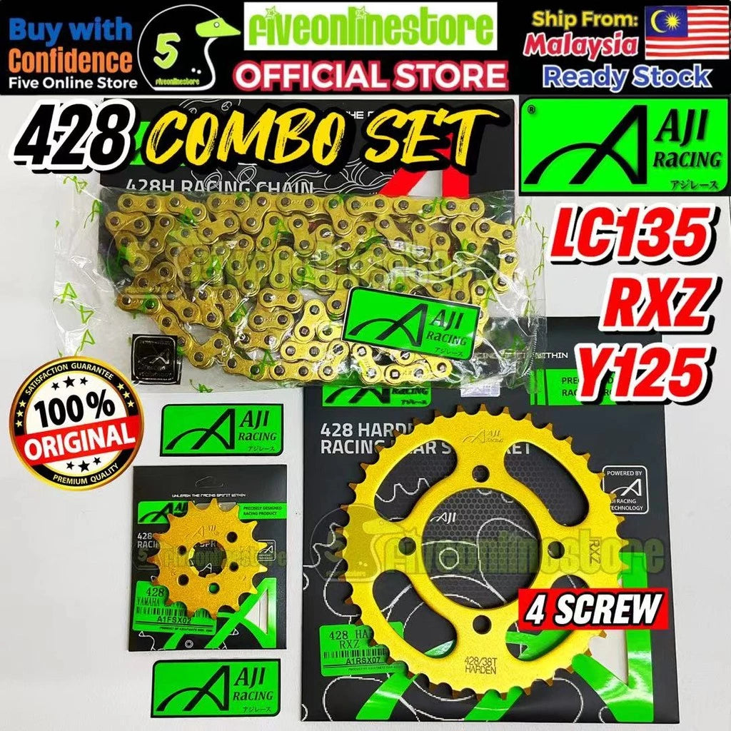 LC135 / RXZ / Y125 / LAGENDA110 AJI Racing 428 Sprocket Gold Combo Set With Chain 32T - 46T 428H Spoket Front 14T 15T -By Sea Courier Method 🚢📦