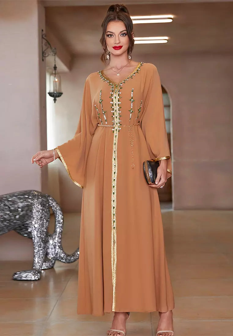 Beige hand-stitched diamond dress Kaftans Jubahs CA24021970