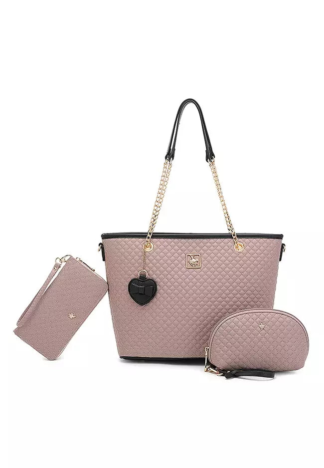 Women's 3 in 1 Quilted Bag - Tote Bag / Wallet / Pouch - Pink