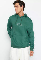 Green Men's Regular/Regular Cut, Space Embroidery Hoodie. Sweatshirt.