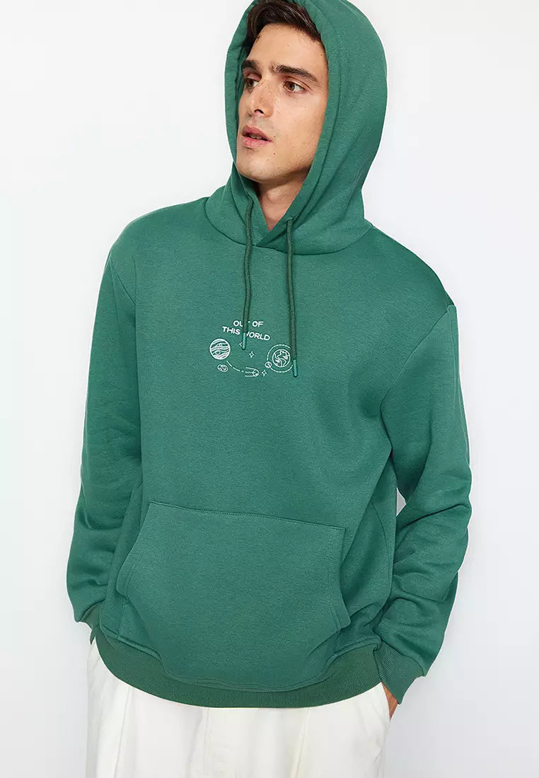 Green Men's Regular/Regular Cut, Space Embroidery Hoodie. Sweatshirt.