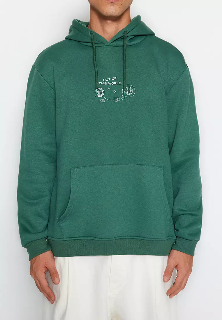 Green Men's Regular/Regular Cut, Space Embroidery Hoodie. Sweatshirt.